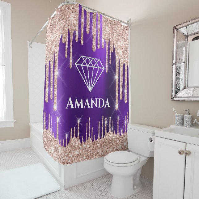 Name Bridal Glitter Drips Rose Violet Diamond Shower Curtain (In Situ)