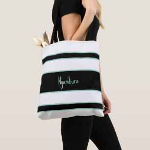 Name, Bright and Bold white and Black Stripes Tote Bag