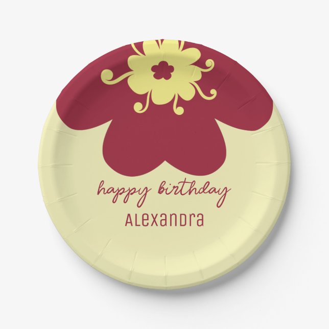 Name Burgundy Blossom Happy Birthday Paper Plate (Front)