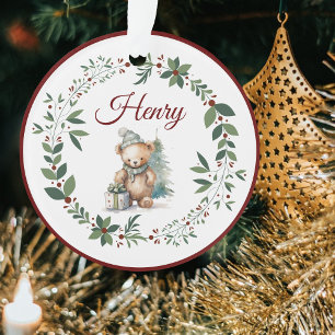 Name Burgundy Cute Teddy Christmas Tree Ornament