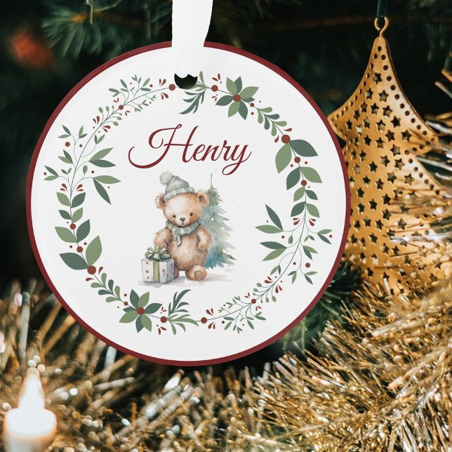 Name Burgundy Cute Teddy Christmas Tree  Ornament (Creator Uploaded)