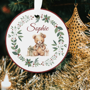 Name Burgundy Cute Teddy Christmas Tree Ornament