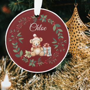 Name Burgundy Cute Teddy Christmas Tree Ornament