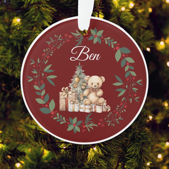Name Burgundy Cute Teddy Christmas Tree Ornament (Creator Uploaded)