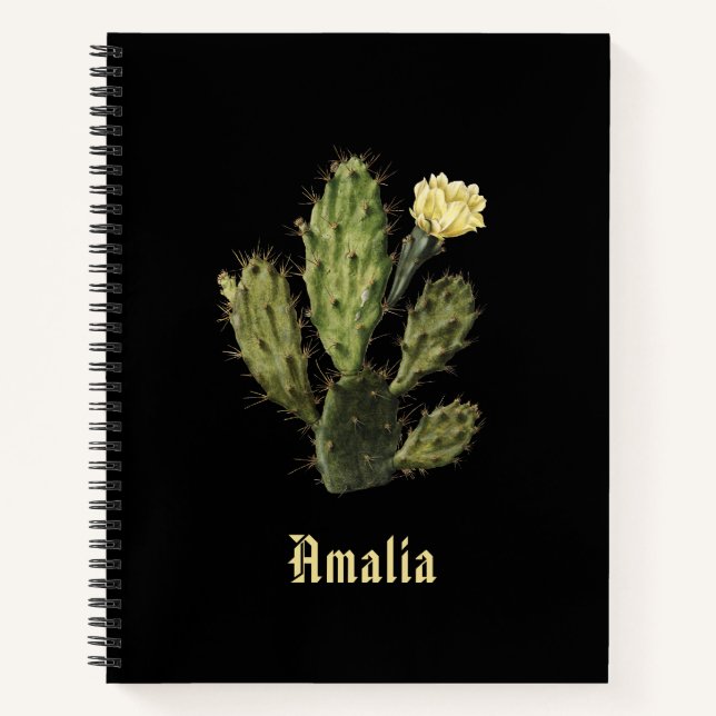 Name Cactus Flower Vintage Black Spiral Notebook (Front)