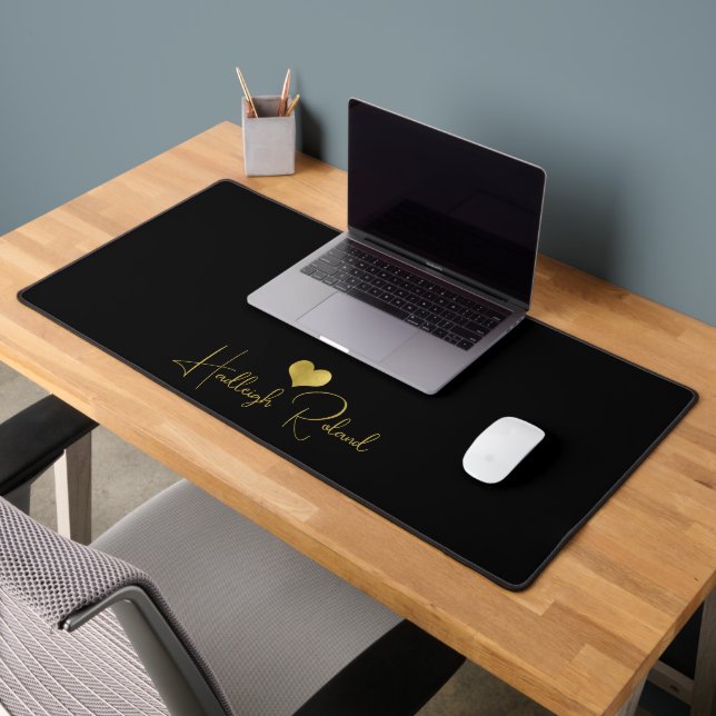 Name Calligraphy Monogram Heart Gold Black Desk Mat (Office 2)