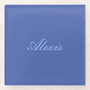 Name Calligraphy Script Plain Simple Blue Glass Coaster