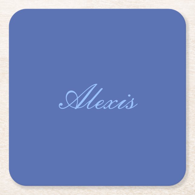 Name Calligraphy Script Plain Simple Blue Square Paper Coaster (Front)