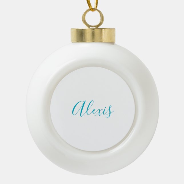Name Calligraphy Script Plain Simple White Blue Ceramic Ball Christmas Ornament (Front)
