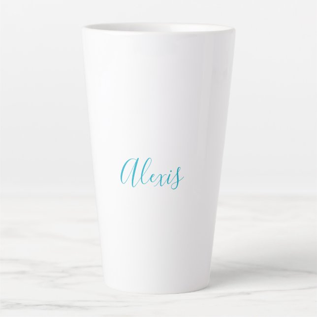Name Calligraphy Script Plain Simple White Blue Latte Mug (Front)
