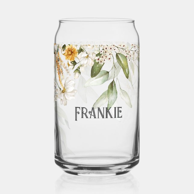 Name, Charming White Gold Floral Drop Can Glass (Front)