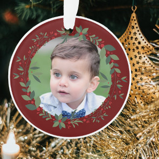 Name Child's Photo Burgundy Christmas Wreath Ornament