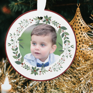 Name Child's Photo Burgundy Christmas Wreath Ornament