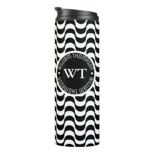 Name Circle Monogram Black Waves  Thermal Tumbler