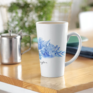 Name, Cobalt Blue Tropical Flowers & Leaves Latte Mug