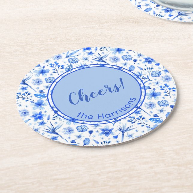Name, Cobalt Blue Tropical Flowers & Leaves Round Paper Coaster (Angled)