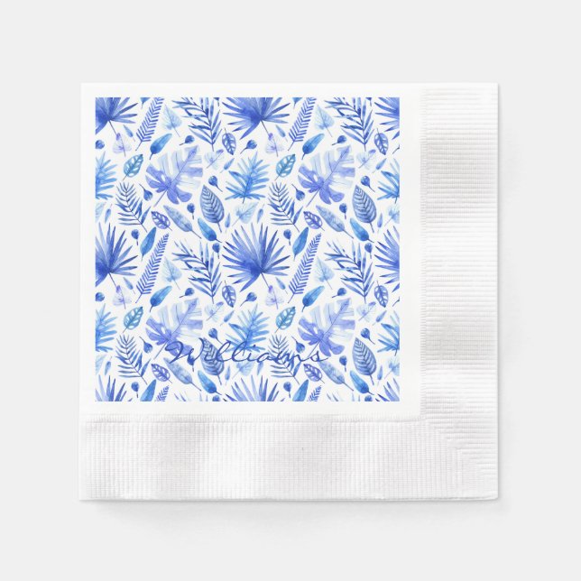 Name Cobalt Blue Tropical Leaves Coined Cocktail Napkin (Front)