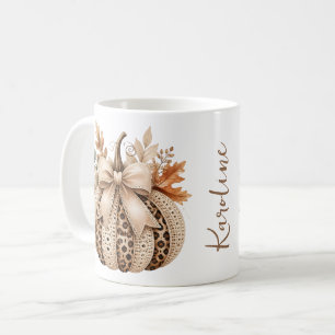 Name Cozy Leopard Print & Crochet Pumpkin Fall Coffee Mug