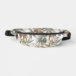 Name Custom Golden Charcoal Tropical Leaf Travel Bum Bags