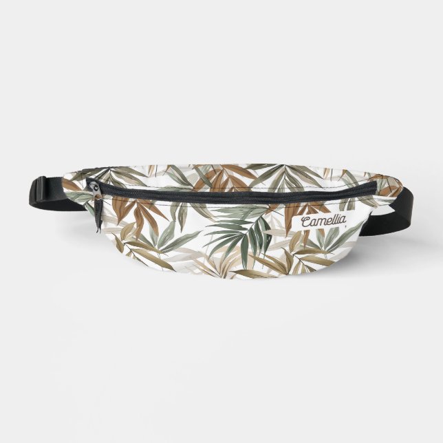 Name Custom Golden Charcoal Tropical Leaf Travel Bum Bags (Front)