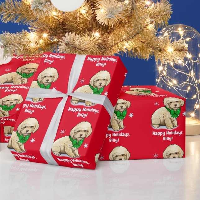 Name Customise Poodle Puppy in Christmas Bow Wrapping Paper (Holidays)