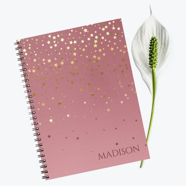 Name Customised Pink Marsala Glitter Stars  Notebook (Creator Uploaded)