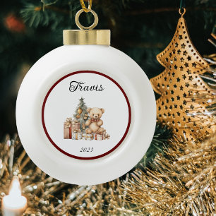 Name Cute Christmas Teddy Ceramic Ball Christmas Ornament