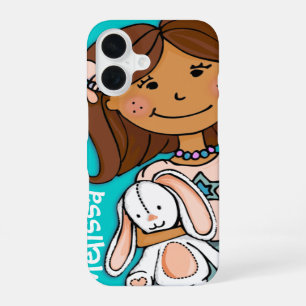 Name cute girl aqua peach dark hair toy rabbit iPhone 16 case
