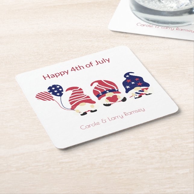 Name, Cute Gnomes 4th of July Square Paper Coaster (Angled)