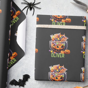 Name Cute Orange Purple Pumpkin Halloween Treats Wrapping Paper