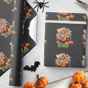 Name Cute Orange Purple Pumpkin Halloween Treats Wrapping Paper
