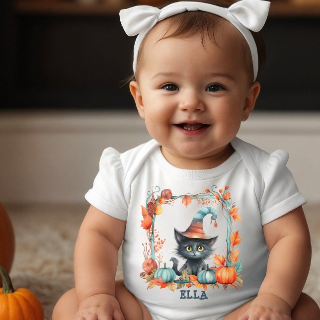 Name Cute Spooky Black Cat Witch Pumpkin Halloween Baby Bodysuit (Creator Uploaded)