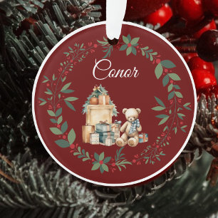 Name Cute Teddy Christmas Tree Burgundy Ornament