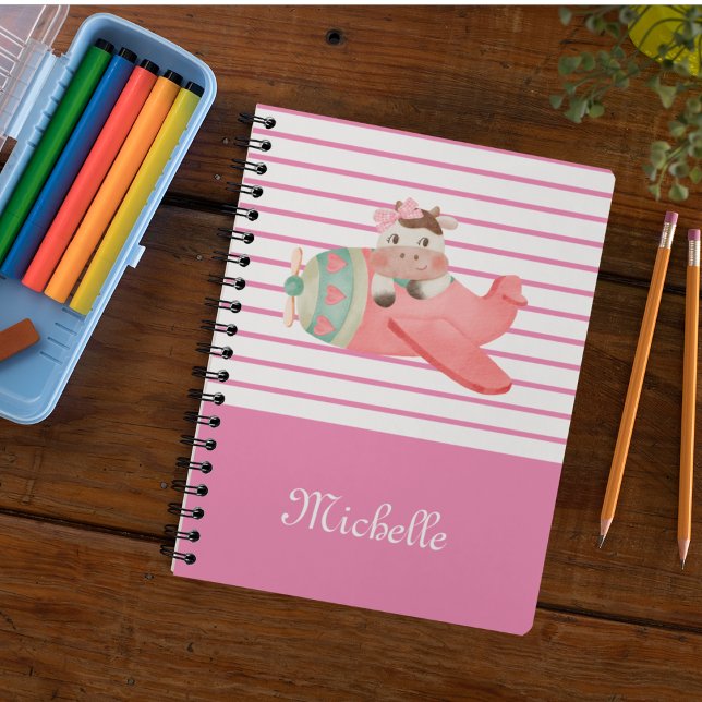 Name & Cute Watercolor Cow in Aeroplane, Whimsical Notebook (Creator Uploaded)