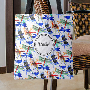 Name, Cute Watercolor Dragonfly Pattern 16-in Tote Bag