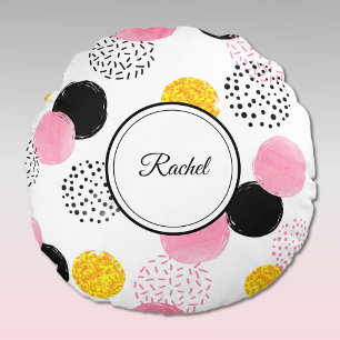 Name, Dark Grey Pink Gold Abstract Round Cushion