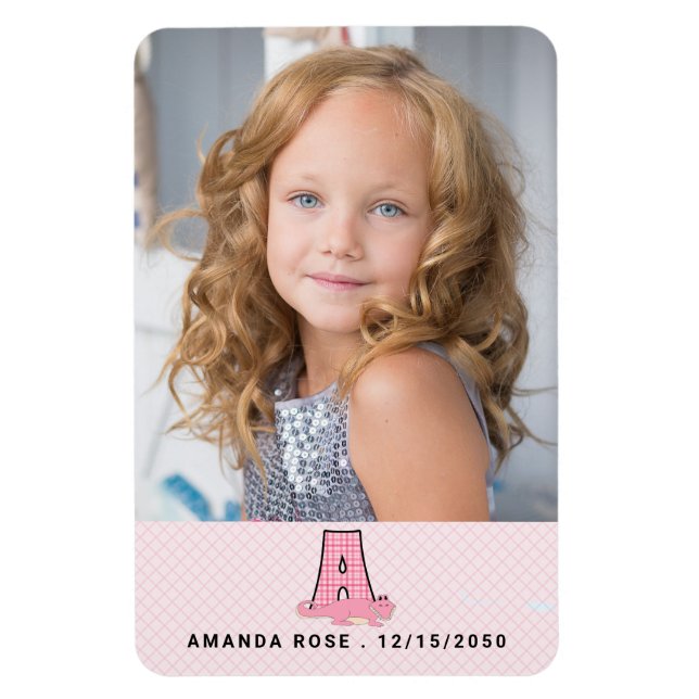 Name Date and Monogram A Kids Pink Alligator Photo Magnet (Vertical)