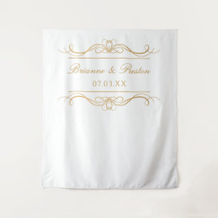 Name & Date Elegant Gold Swirl Wedding Backdrop Tapestry