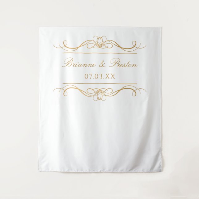 Name & Date Elegant Gold Swirl Wedding Backdrop Tapestry (Front)