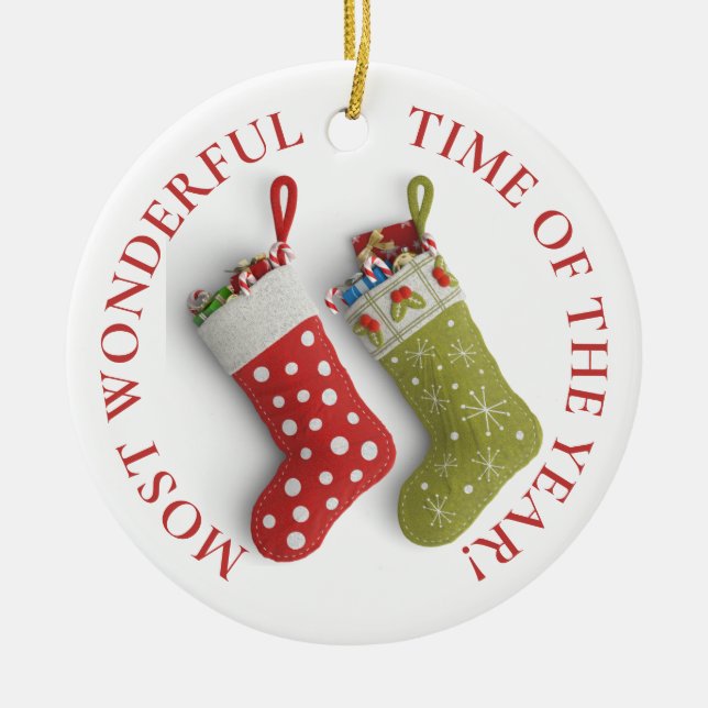 Name & Date, Red & Green Christmas Stockings Ceramic Ornament (Front)