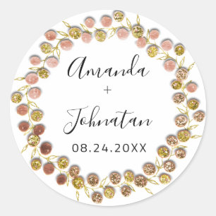  Name Date Rose Gold Wreath Wedding Bridal  Classic Round Sticker