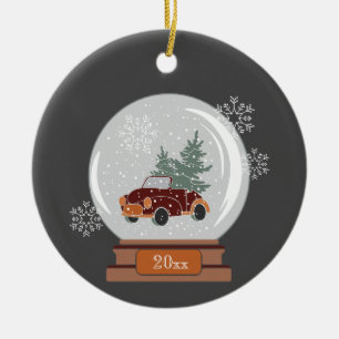 Name & Date   Snow Globe with Car & Tree Ceramic Ornament