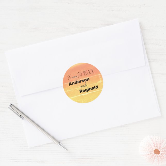 Name Date Summer Rustic Yellow Peach Wedding Classic Round Sticker (Envelope)