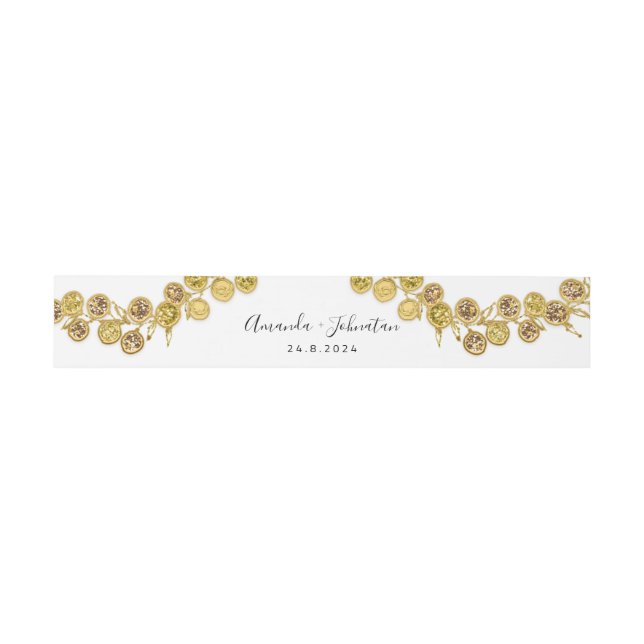  Name Date Wedding Wreath Gold White  Invitation Belly Band (Flat)