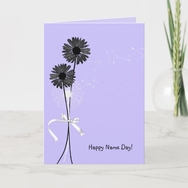 Name Day black daisies and dandelion on purple Card (Front)
