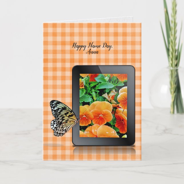 Name Day butterfly on electronic tablet Card (Front)