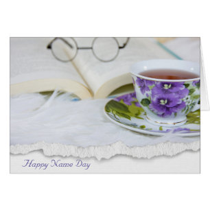 Name Day pansy tea cup on fur