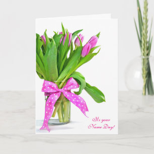Name Day-pink tulip bouquet Card