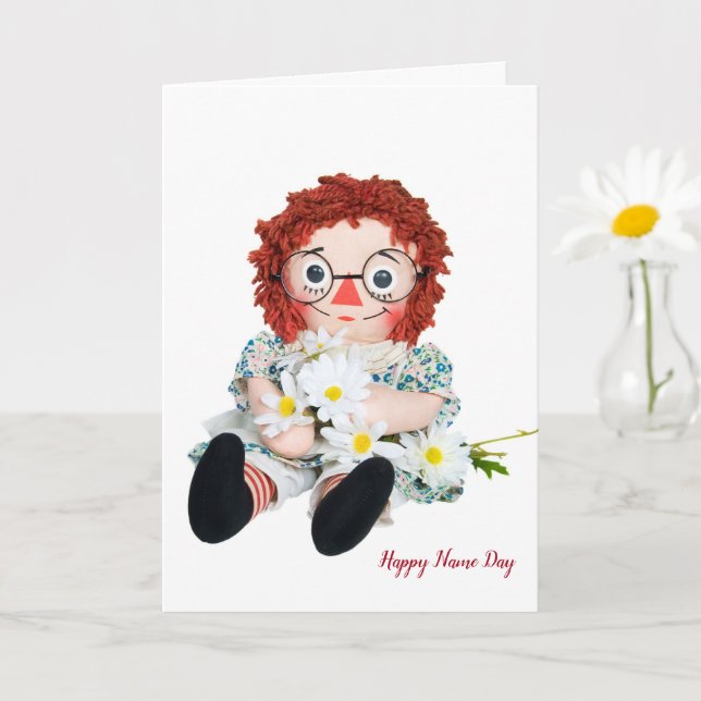 Name Day rag doll with daisy bouquet Card (Small Plant)