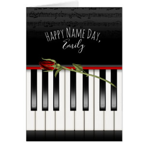 Name Day red rose on piano keyboard with name
